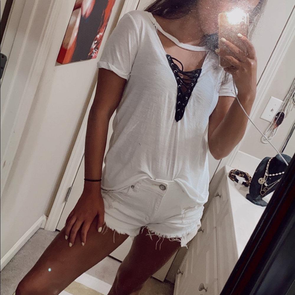 White Lace Up Top
